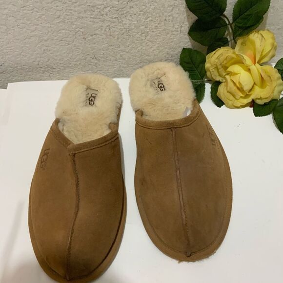 UGG Authentic Mens Scuff Leather Cozy Slippers Shoes Tan 5172 size9 - Picture 2 of 9